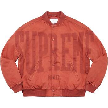 Red Supreme Washed Knockout Denim Varsity Jackets | NZ438PQ
